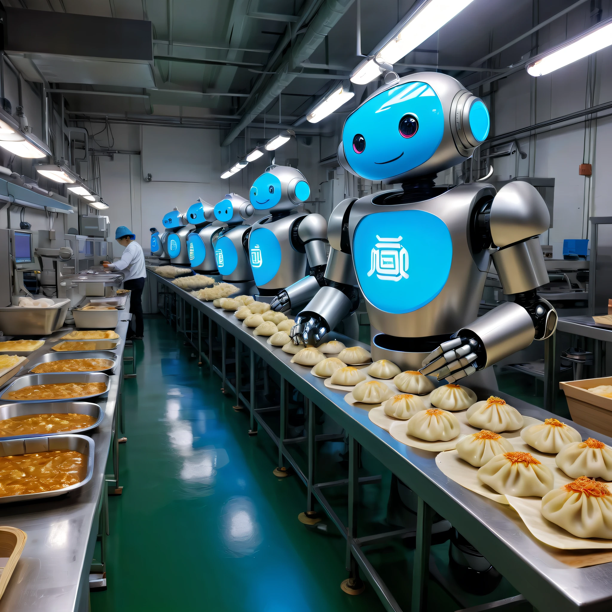 (Cyberpunk Food Factory),The robot is busy wrapping, ((中国传统crescent shaped dumplings))。(These robots are very tall,Made of silver metal,Flashing blue LED lights up the future technological atmosphere)。 Robots designed to have human-like dexterity and precision,Their arms are equipped with a variety of sophisticated tools and sensors。Each robot has a huge workbench,(Neat rows of dumpling skins and fillings on top.)。(Robot skillfully places fillings on dumpling wrappers,Then use quick and precise movements to wrap the dumplings into a crescent shape,The folds of each dumpling are perfect)。 With the factory as a background,we can see an assembly line,Fresh dumpling wrappers and fillings are delivered to the top。Robots remove materials from assembly lines,and will be wrapped((crescent shaped dumplings))Put it in a huge steamer。The steamer emits blue light,((显示着crescent shaped dumplings正在被蒸熟))。 The entire factory is full of futuristic technology,The robot is busy working,Accurate and efficient。Various data and charts are displayed on the walls of the factory,Monitor all aspects of the production process。In a corner of the factory,And a huge screen,The design drawing and work flow of the robot are as shown above.,Demonstrate the power of technology and innovation。
