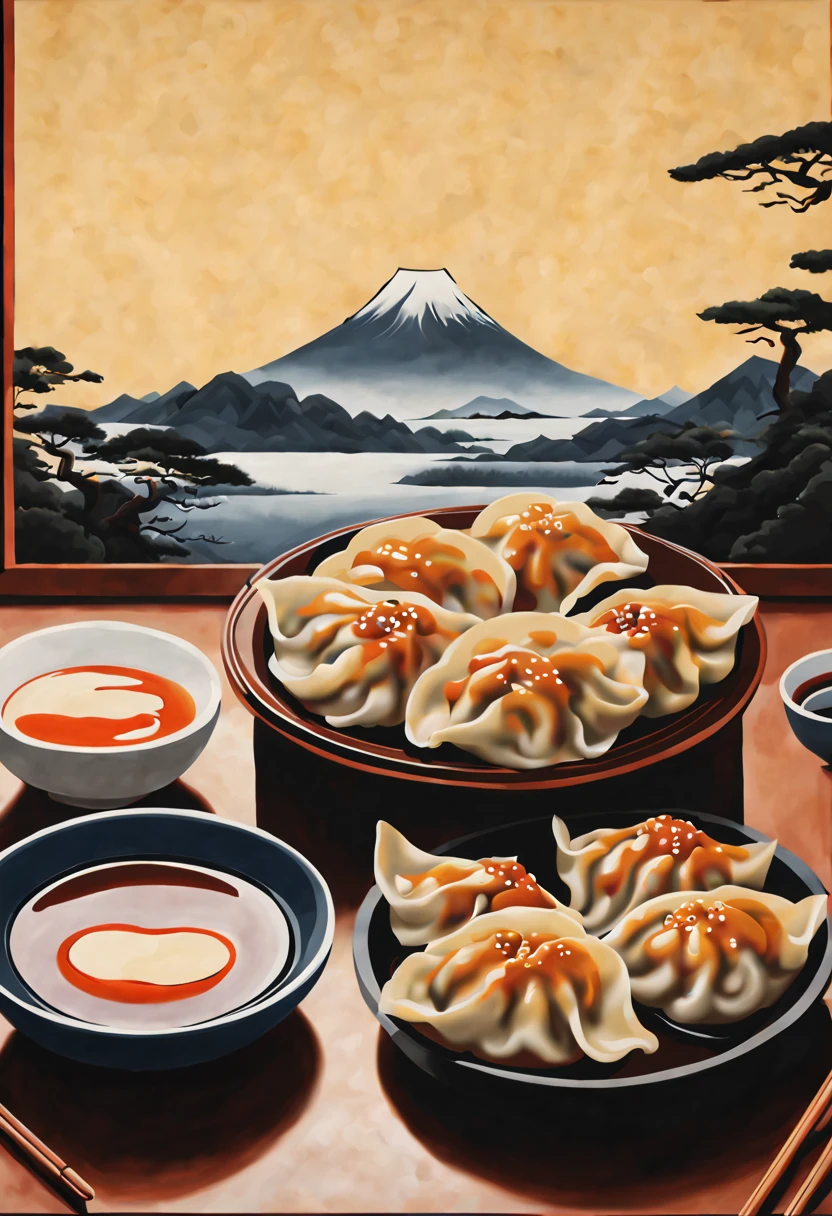 Japanese gyoza, (by George Ault), intricate, (masterpiece, Representative work, official art, Professional, unity 8k wallpaper:1.3)