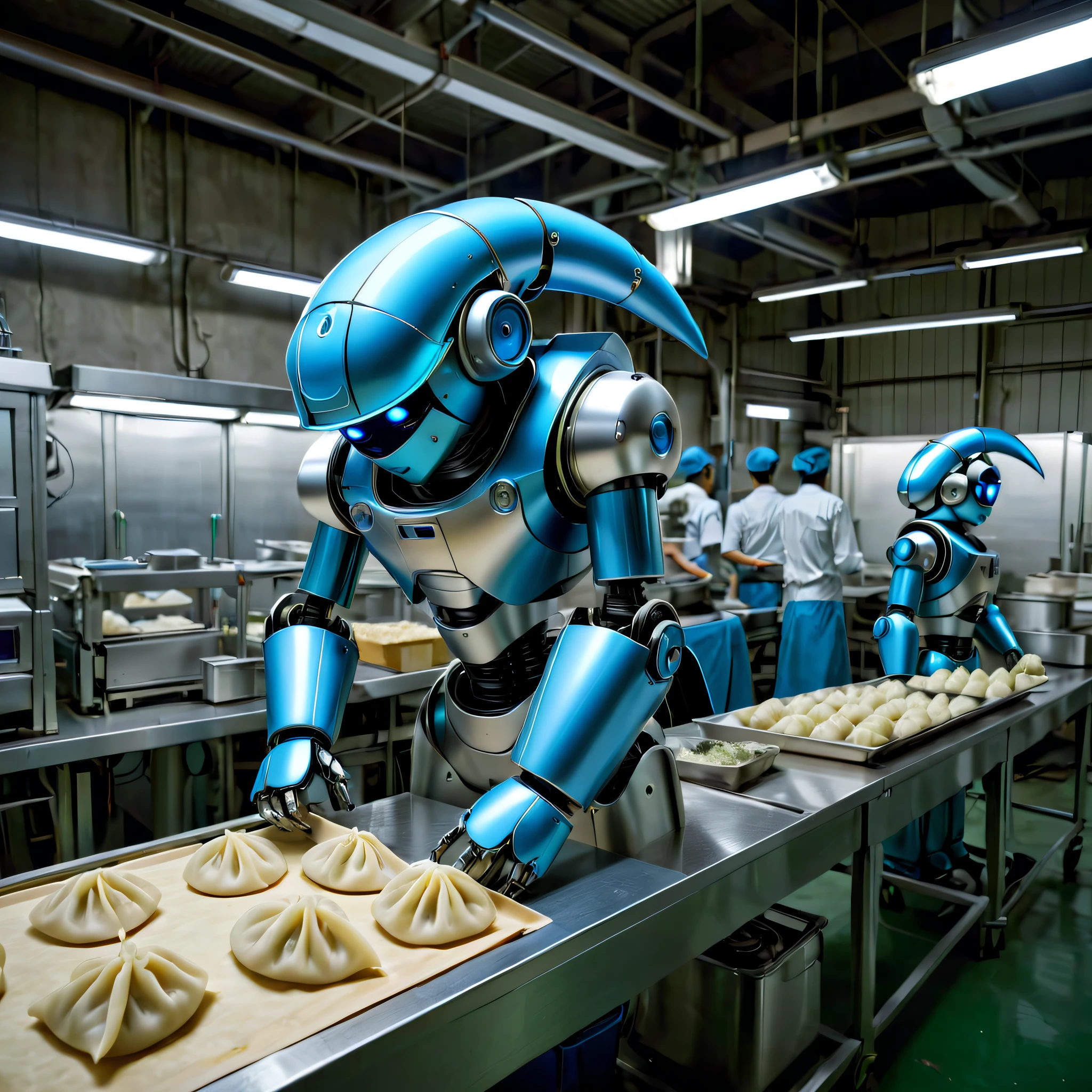 (Cyberpunk Food Factory),The robot is busy wrapping, ((中国传统crescent shaped dumplings))。(These robots are very tall,Made of silver metal,Flashing blue LED lights up the future technological atmosphere)。 Robots designed to have human-like dexterity and precision,Their arms are equipped with a variety of sophisticated tools and sensors。Each robot has a huge workbench,(Neat rows of dumpling skins and fillings on top.)。(Robot skillfully places fillings on dumpling wrappers,Then use quick and precise movements to wrap the dumplings into a crescent shape,The folds of each dumpling are perfect)。 With the factory as a background,we can see an assembly line,Fresh dumpling wrappers and fillings are delivered to the top。Robots remove materials from assembly lines,and will be wrapped((crescent shaped dumplings))Put it in a huge steamer。The steamer emits blue light,((显示着crescent shaped dumplings正在被蒸熟))。 The entire factory is full of futuristic technology,The robot is busy working,Accurate and efficient。Various data and charts are displayed on the walls of the factory,Monitor all aspects of the production process。In a corner of the factory,And a huge screen,The design drawing and work flow of the robot are as shown above.,Demonstrate the power of technology and innovation。