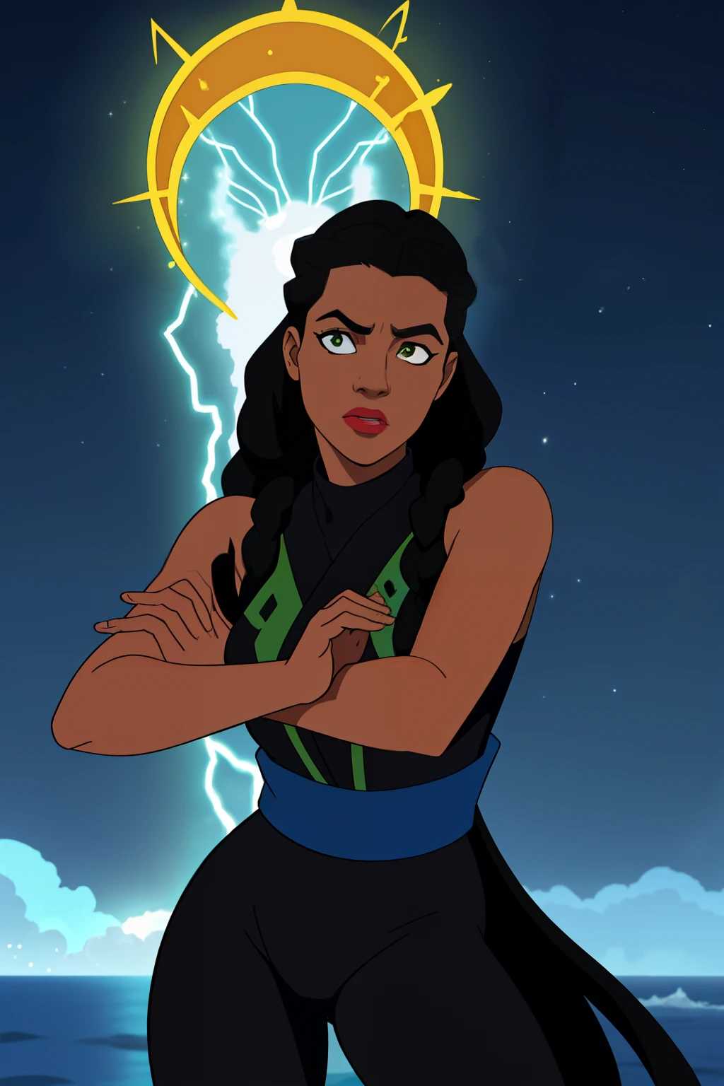 Create an image of a black ninja after an apocalypse in the future afro hair falling forward, Rasta type but braided,tiro de corpo inteiro, tiro de corpo inteiro, , Lightning in the sky, arms extended, olhando para frente, parado no topo de uma montanha, manto e capa vermelhos, cruz brilhante no ar. ,Arte Luz Neon, no escuro da noite, Um navio alto navega pelos mares iluminados pela ,....lua, estrelas, Colouring, circunstanciado, 4k