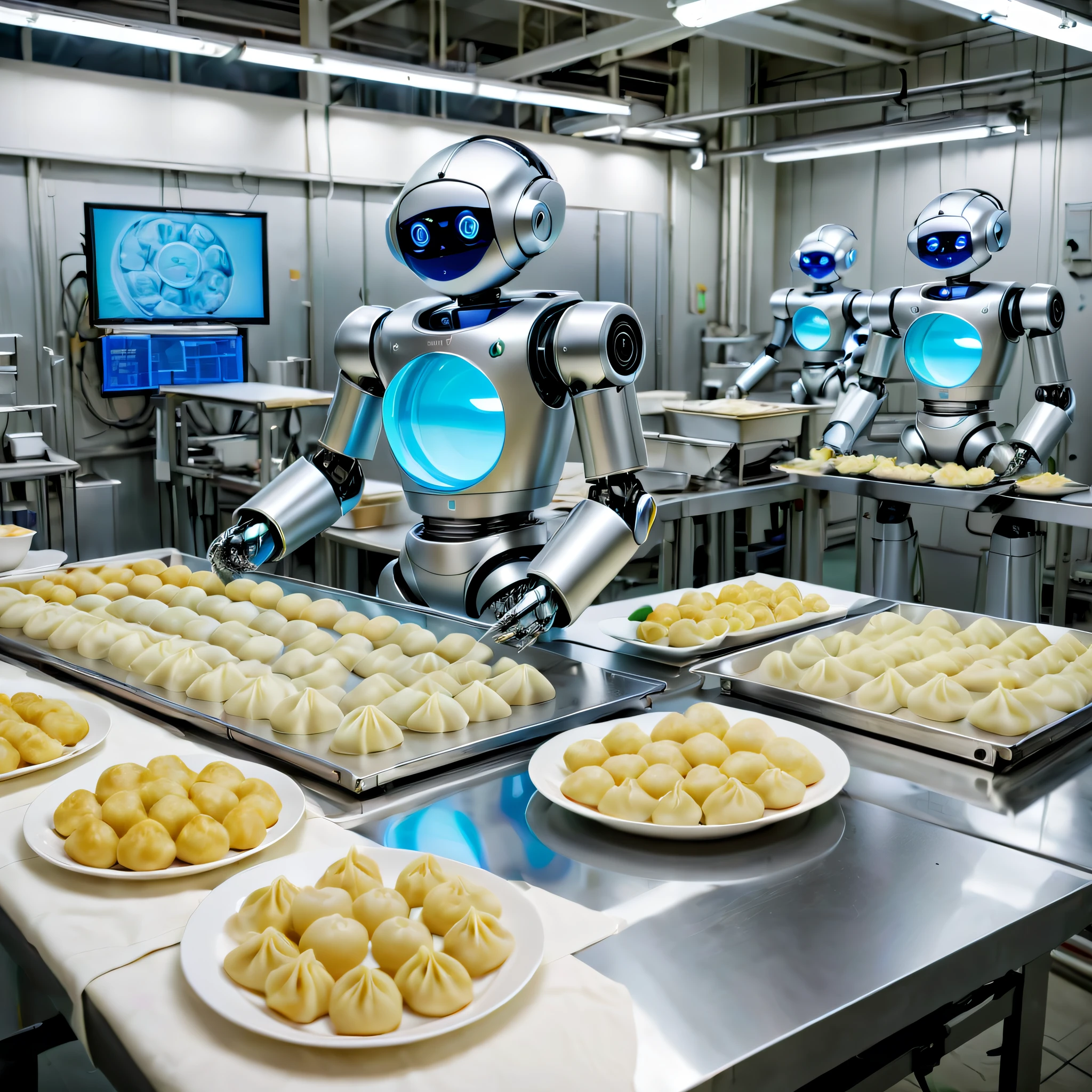 Food Factory,The robot is busy wrapping((中国传统crescent shaped dumplings))。(These robots are very tall,Made of silver metal,Flashing blue LED lights up the future technological atmosphere)。 Robots designed to have human-like dexterity and precision,Their arms are equipped with a variety of sophisticated tools and sensors。Each robot has a huge workbench,Neat rows of dumpling skins and fillings on top.。(Robot skillfully places fillings on dumpling wrappers,Then use quick and precise movements to wrap the dumplings into a crescent shape,The folds of each dumpling are perfect)。 With the factory as a background,we can see an assembly line,Fresh dumpling wrappers and fillings are delivered to the top。Robots remove materials from assembly lines,and will be wrapped((crescent shaped dumplings))Put it in a huge steamer。The steamer emits blue light,显示着crescent shaped dumplings正在被蒸熟。 The entire factory is full of futuristic technology,The robot is busy working,Accurate and efficient。Various data and charts are displayed on the walls of the factory,Monitor all aspects of the production process。In a corner of the factory,And a huge screen,The design drawing and work flow of the robot are as shown above.,Demonstrate the power of technology and innovation。