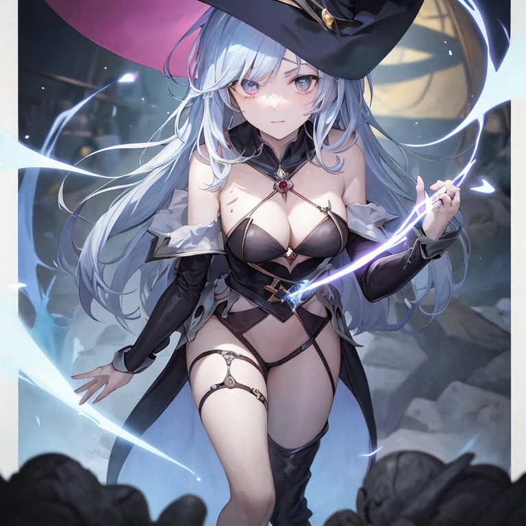 dark magician girl, mksks style, (Highly detailed background:1.0), (Highly detailed background:1.0), masterpiece, highest quality, (One girl), alone, (forest), Long Hair, bionde, Blue hat, Wizard Hat, Casting a Spell, nature, wood:1.2, Motion Blur, magic, (moonlight:1.2), chromatic aberration, Depth of written boundary, Soft lighting, Highly detailed face, Highly detailed eyes ,((highest quality)), ((masterpiece)), ((Perfect Face))、Cow print bikini、Cat ear