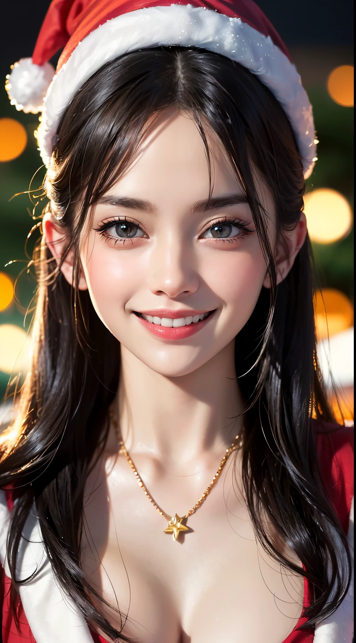 (UHD, retina, masterpiece, accurate, anatomically correct, textured skin, super detail, high details, high quality, best quality, high res, 1080P, HD, 4K, 8k, 16k), (beautiful detailed eyes, beautiful detailed lips, extremely detailed eyes and face), studio lighting, physically-based rendering, vivid colors, (large breasts, glamorous body), (santa hat, santa clothes), (portrait, shiny hair, shiny skin, blush, hair blowing in the wind), (candlelight, christmas tree, decorations, bokeh), eye reflection, jet black hair, (smile and laugh:1.5),