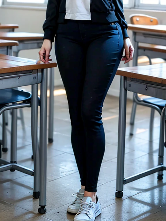 Best quality at best, tmasterpiece, 超高分辨率, realisticlying, The class is full of -yeld juschool girls takll body photos,Close-up of the crotch,Mushroom hairstyle,Black hair is folded by the light into a beautiful face,Symptoms of urgent urination,plump girl,Blue collar white pantyhose,The E cup sticks out tightly(),vacuum loading,((Light blue yoga pants)),Cystocele,The shape is visible,slightly thicker thighs,Cross your legs tightly,(((Schools force girls to hold in 2,400ml of urine for 24 hours))),Sit obediently on the chair in the classroom