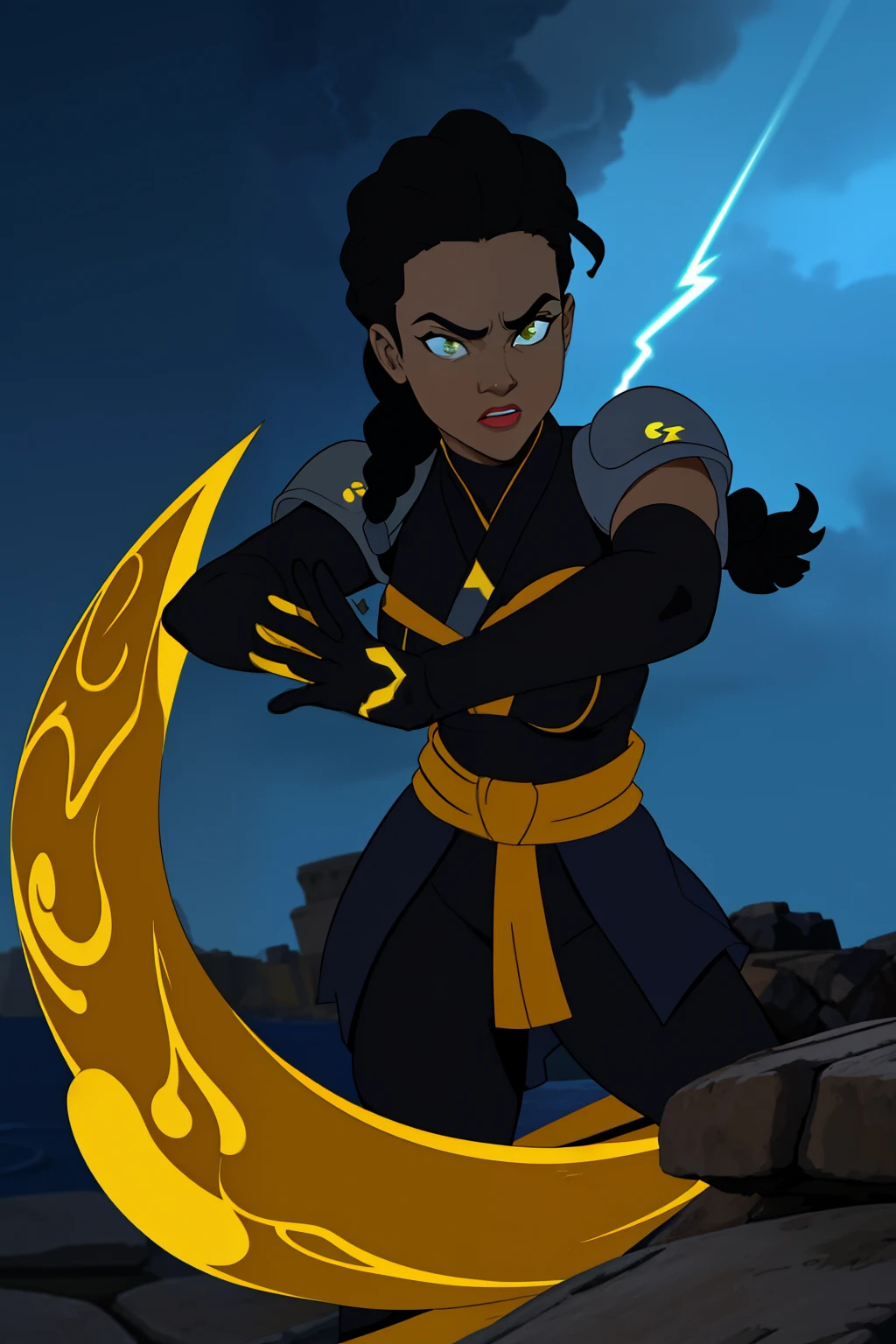 Create an image of a black ninja after an apocalypse in the future afro hair falling forward, Rasta type but braided,tiro de corpo inteiro, tiro de corpo inteiro, , Lightning in the sky, arms extended, olhando para frente, parado no topo de uma montanha, manto e capa vermelhos, cruz brilhante no ar. ,Arte Luz Neon, no escuro da noite, Um navio alto navega pelos mares iluminados pela ,....lua, estrelas, Colouring, circunstanciado, 4k