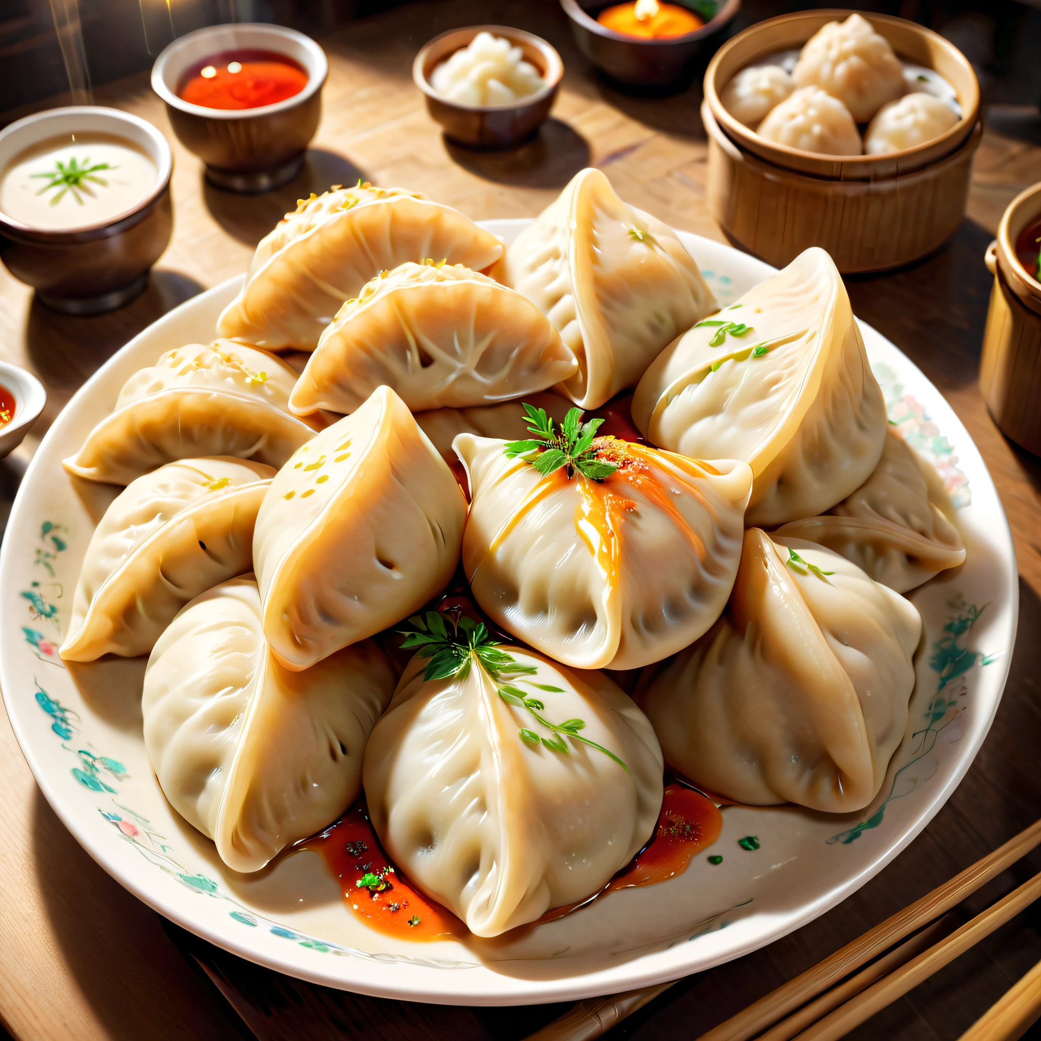 (crescent shaped dumplings),((可爱的功夫熊猫夹着月牙形状dumpling在吃)),Traditional Chinese food, dumpling, 月牙形状的dumpling, plate arrangement, It's hot, Exquisite, delicacy, Smack one's lips,Artistic lighting,(Best quality,8K,A high resolution,tmasterpiece,ultra - detailed,1.4x more realism,hyper HD,Ultra-detailed painting,Focus sharp,physically-based renderingt,Extremely detailed description,professional,Vibrant colors)