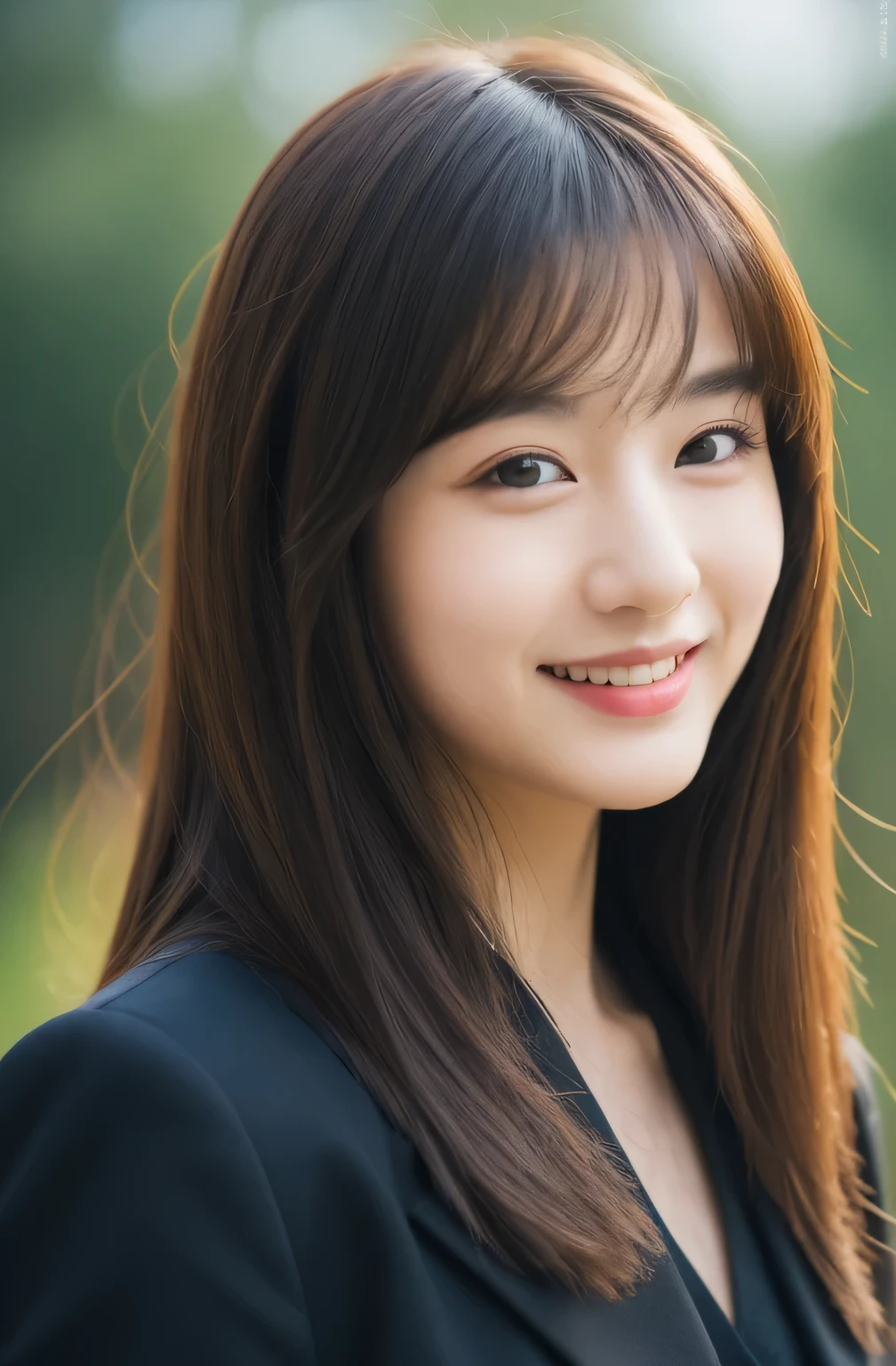 Best quality at best, realistically, ultra - detailed, Detailed pubic hair, A high resolution, 8k wallpaper, Beautiful woman of 35 years old,light brown messy hair, Wear a dark suit, lock focus, Perfect dynamic composition, beautidful eyes, Delicate hair, 细致realistically的皮肤纹理, Smiling, closeup portrait, Model body type