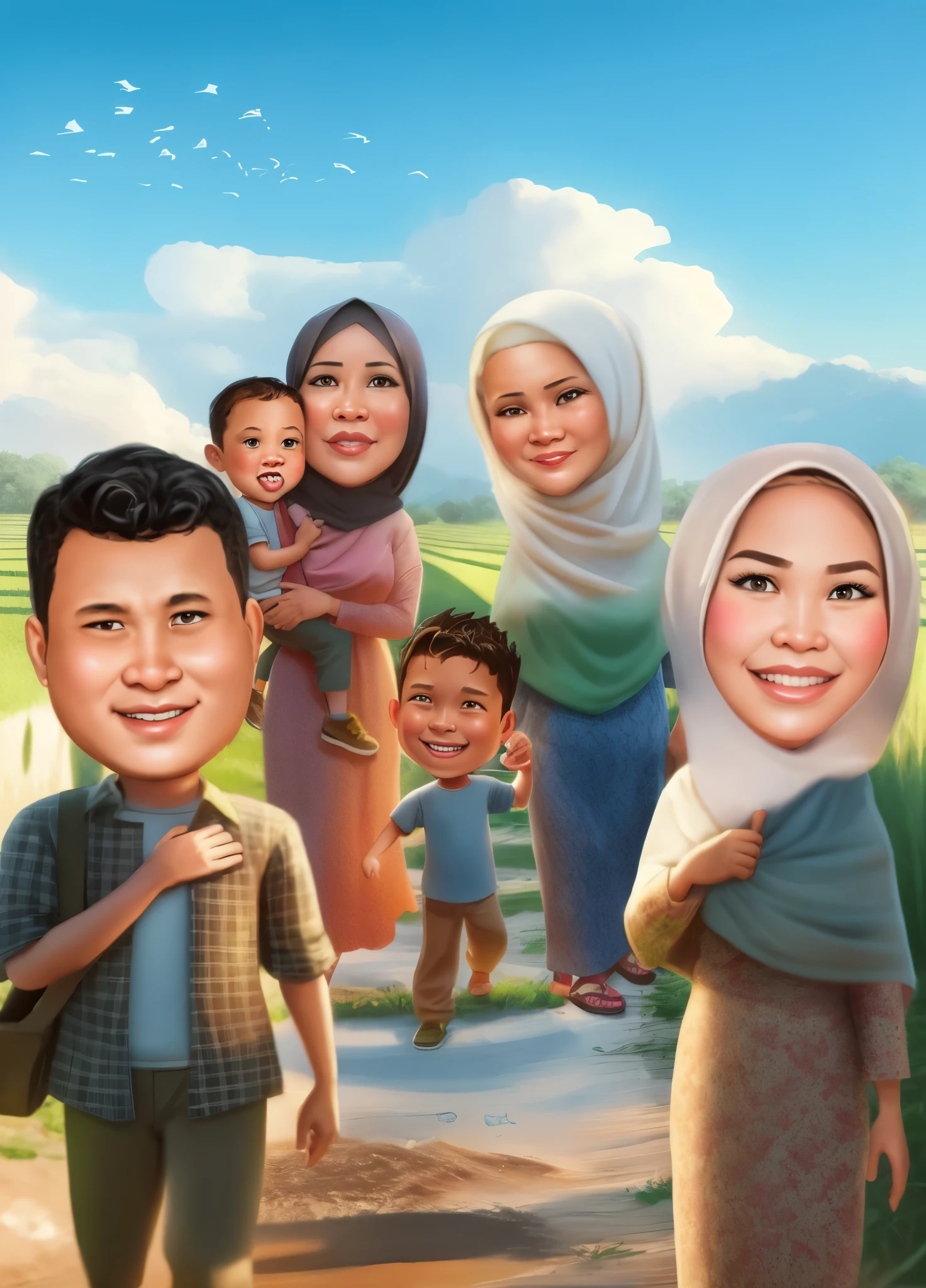 cartoon of a family of five standing in a field with a sky background, an indonesian family portrait, caricature illustration, in cartoon style, happy family, digital art cartoon, caricature style, potrait, cartoon digital art, family, caricature, barong family, cartoon art, cartoon artstyle, cartoon digital painting, cartoon portrait, digital cartoon painting art, realistic cartoon