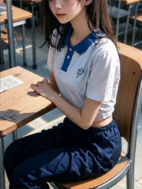 Best quality, Masterpiece, 超高分辨率, Photorealistic, The class was full of 13-year-old junior high school girlully body photo，Close-up of the crotch，Mushroom hairstyle，Black hair refracted by light，exquisite and beautiful face，Manifestations of urgency to urination，Busty girl，Blue collar white tights，The E cup sticks out tightly（），Vacuum-loaded，（（Light blue yoga pants）），Cystocele，The shape is visible，slightly thicker thighs，Legs crossed tightly，（（（The school forced all girls to hold their urine for 2400 ml for 24 hours））），Sit obediently in a chair in the classroom