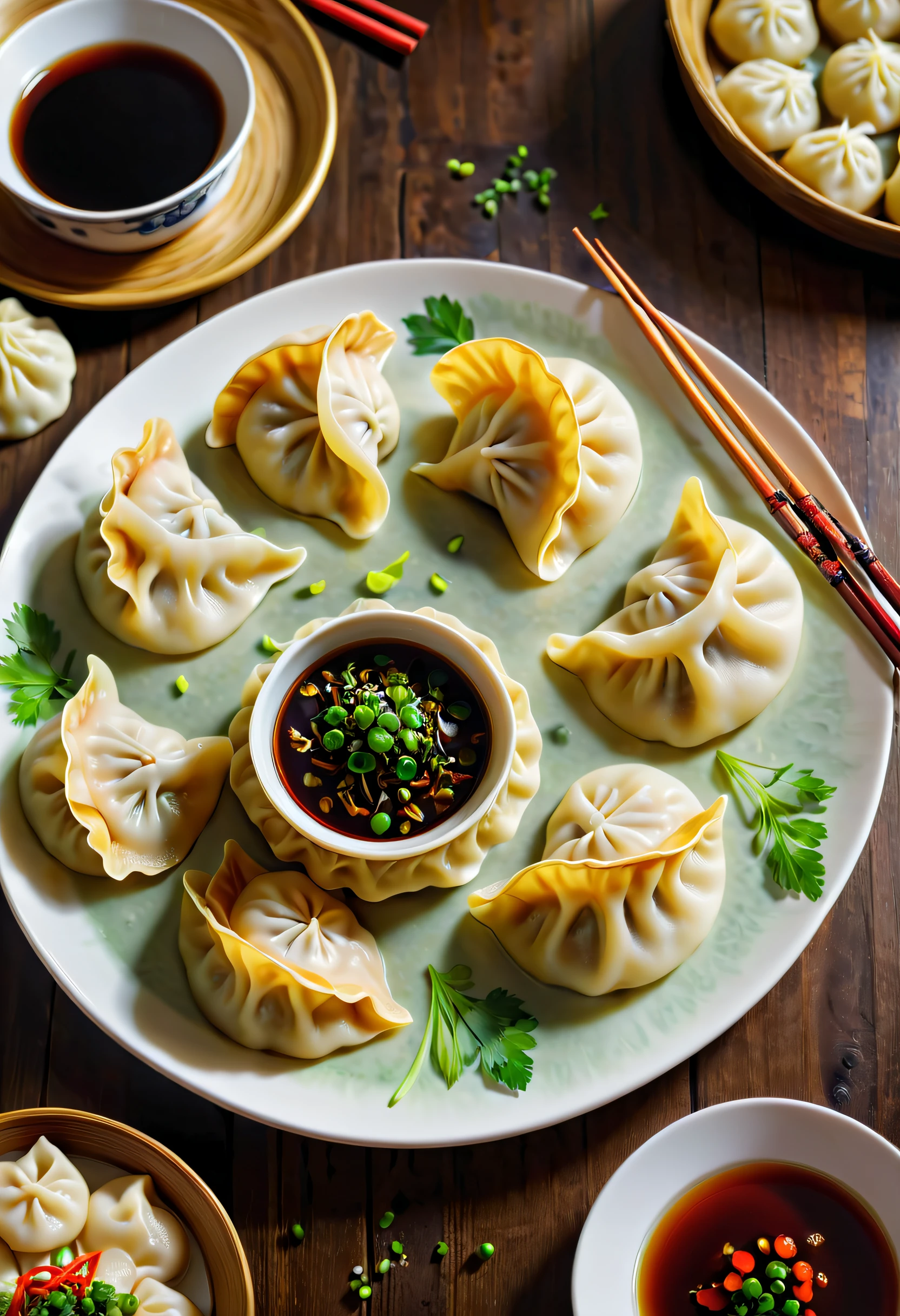 (((crescent shaped dumplings)))，（可爱的功夫熊猫夹着dumpling在吃），Traditional Chinese food, dumpling, 月牙形状的dumpling, plate arrangement, It's hot, Exquisite, delicacy, Smack one's lips,Artistic lighting，(Best quality，8K，A high resolution，tmasterpiece，ultra - detailed，1.4x more realism，hyper HD，Ultra-detailed painting，Focus sharp，physically-based renderingt,Extremely detailed description,professional,Vibrant colors）