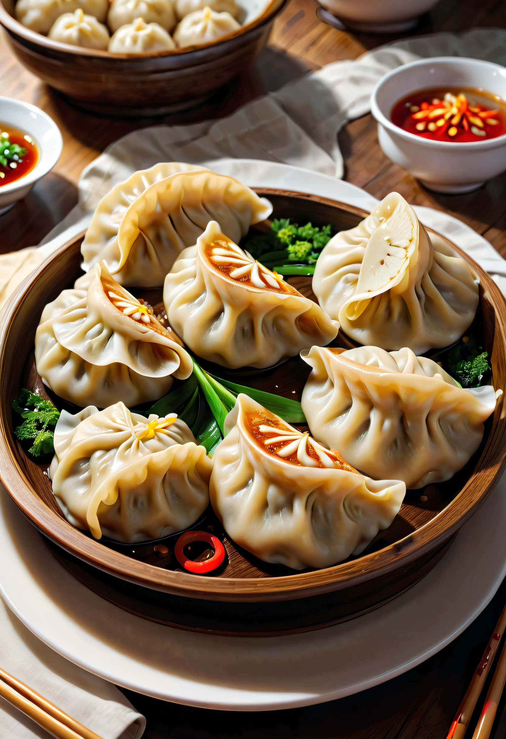 (crescent shaped dumplings),((可爱的功夫熊猫夹着月牙形状dumpling在吃)),Traditional Chinese food, dumpling, 月牙形状的dumpling, plate arrangement, It's hot, Exquisite, delicacy, Smack one's lips,Artistic lighting,(Best quality,8K,A high resolution,tmasterpiece,ultra - detailed,1.4x more realism,hyper HD,Ultra-detailed painting,Focus sharp,physically-based renderingt,Extremely detailed description,professional,Vibrant colors)