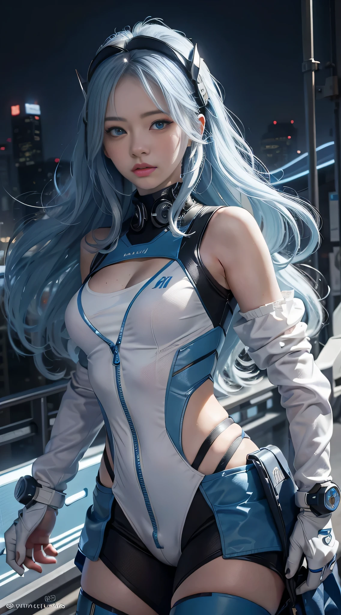 one-girl,Light blue slightly curly long hair, posture,High temperament and coldness,Long messy hair,blue color eyes,White long eyelash headphones,The mouth is closed,No teeth exposed,rainbowing,cyber punk personage,The environment is ,detailedfacialfeatures,8K,hyper HD,the detail(1:2),电影灯光,illuminate warmly,looking at viewert,鎖骨,b lack of clothing on shoulders,复杂,rich graphics,Mizore,真实感