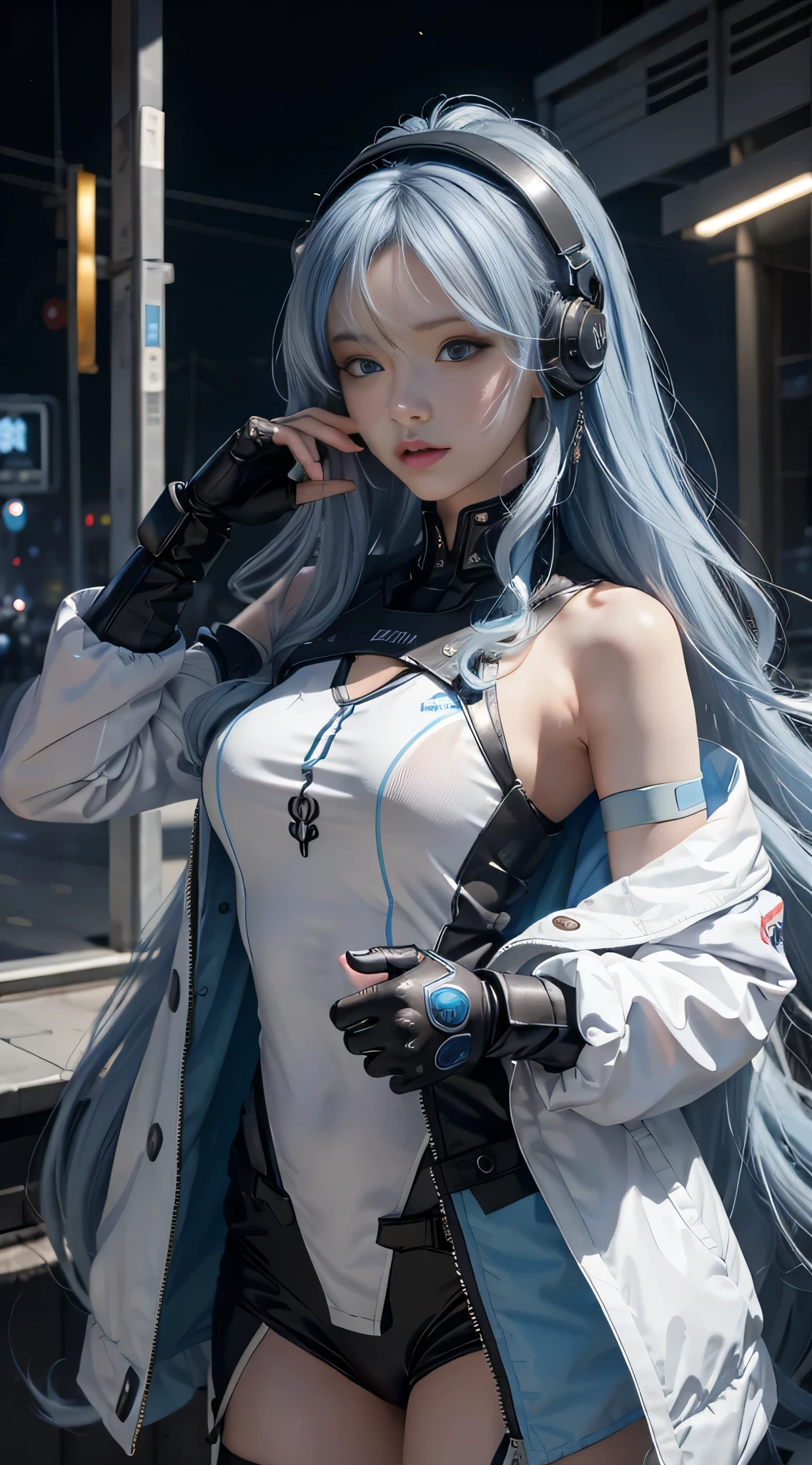 one-girl，Light blue slightly curly long hair， posture，High temperament and coldness，Long messy hair，blue color eyes，White long eyelash headphones，The mouth is closed，No teeth exposed，rainbowing，cyber punk personage，The environment is ，detailedfacialfeatures，8K，hyper HD，the detail（1：2），电影灯光，illuminate warmly，looking at viewert，鎖骨，b lack of clothing on shoulders，复杂，rich graphics，Mizore，真实感