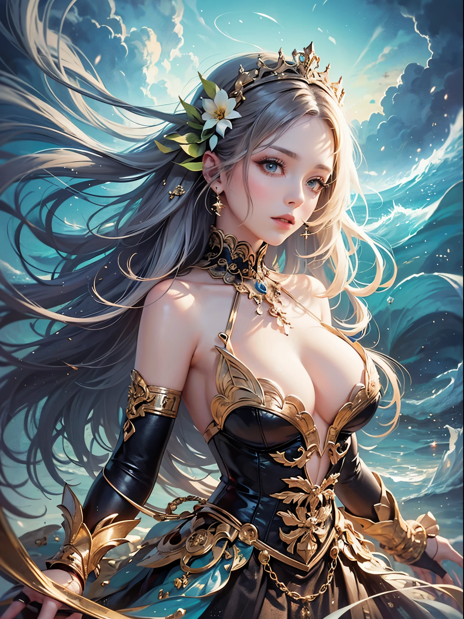 art, Unity 8k壁纸, Ultra-detailed, Beautiful and aesthetically pleasing, (s fractal art: 1.3), flower, girls, (Hairstyles: Long hair) Ocean, Extremely detailed, Cowboy shot, The most beautiful, Seafoam, Buble, cute big breasts, ultra quality, random background, random dress, --auto --s2