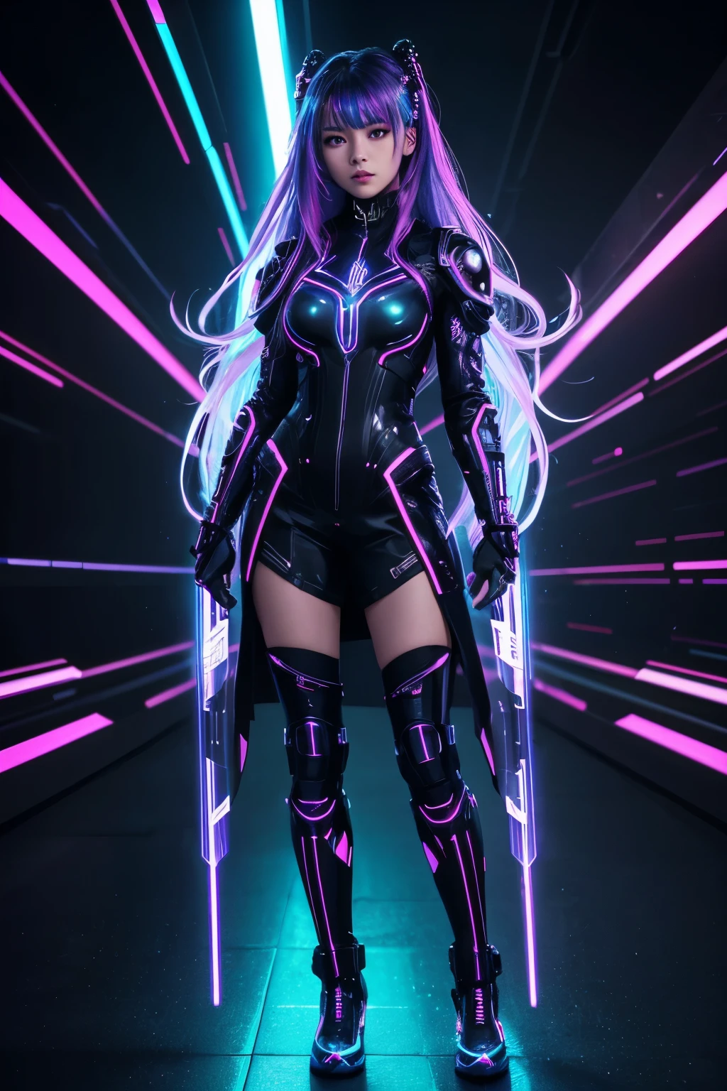 Full body view. High heeled combat boots. All black. high quality, 8K Ultra HD, full body, have a cyber saber, a mesmerizing 20-year-old woman with a futuristic beauty that seems to transcend time and space, intricately woven into her very being, encased in the cybernetic suit, move with fluidity and precision, Her flowing hair resembles streams of neon lights, casting a vibrant glow that adds a touch of cyberpunk brilliance to her appearance, Each strand of hair is meticulously crafted with holographic patterns that shimmer and shift, creating an ever-changing display of colors, by yukisakura, highly detailed,