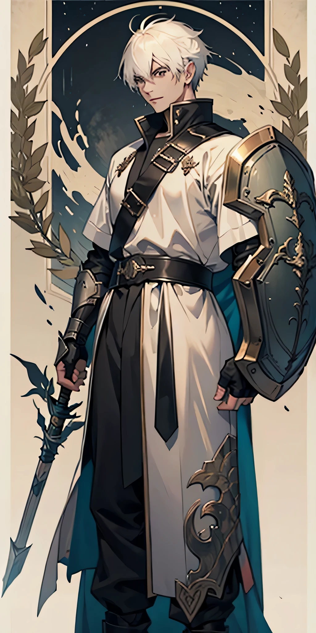 Wearing armor，Armed with a long stick、Male warrior with shield