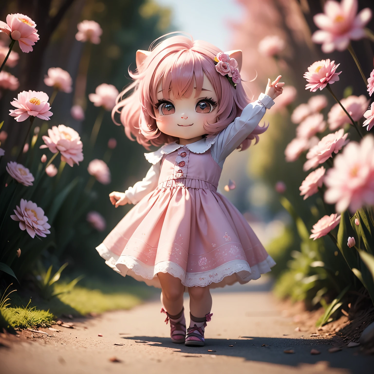 ​masterpiece、top-quality、ultra-detailliert、(Chibi Chara's Daughter:1.3)pink hair swaying in the wind,pink paper flower dress,detail portrayal,pink tulip corolla,pink back ground,a smile,Full-body standing figure,Lucky day,Vibrant colors,dim lighting