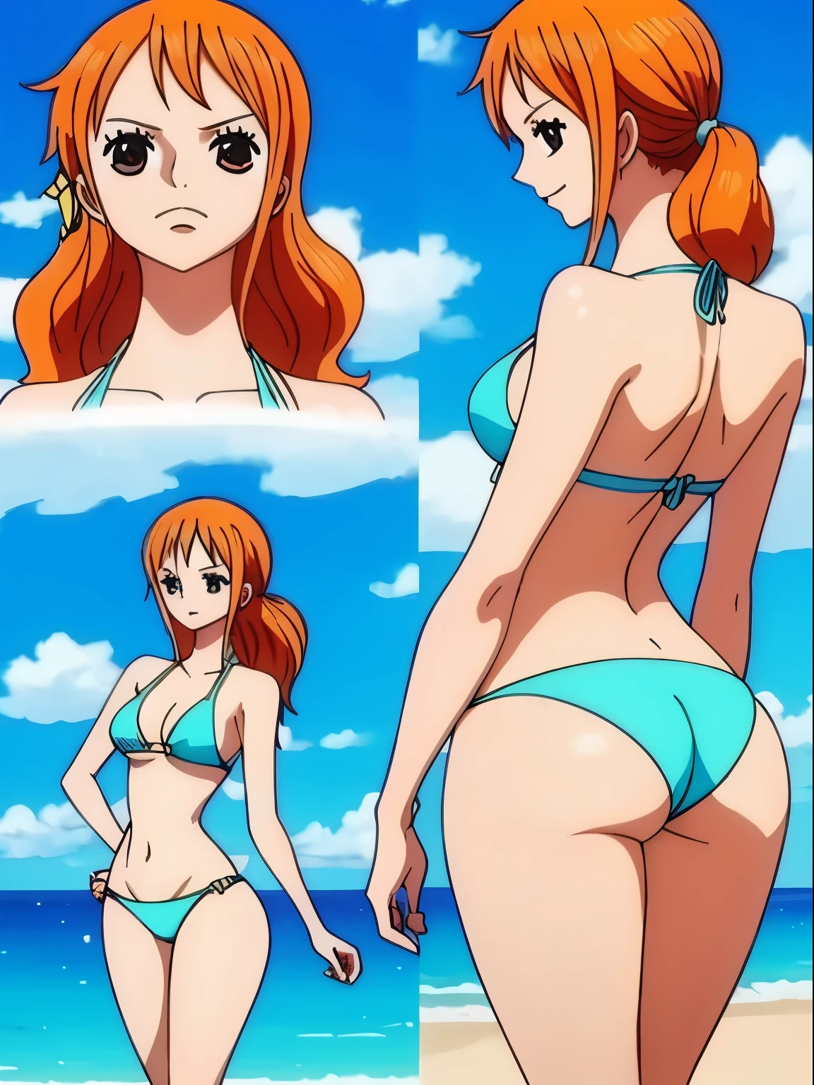Nami in a sexy tight bikini, curvy side view full body