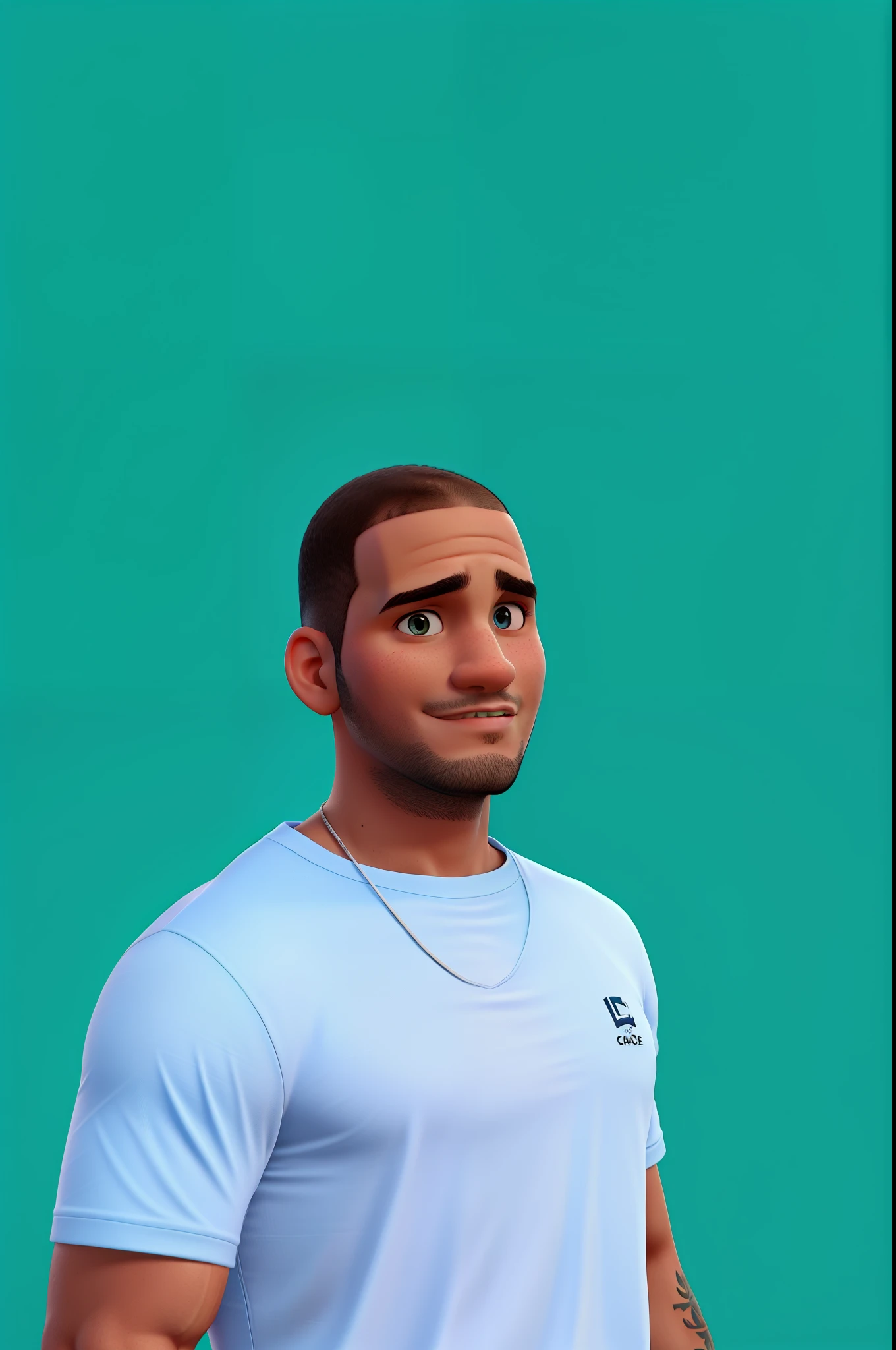 um jovem careca de camisa azul