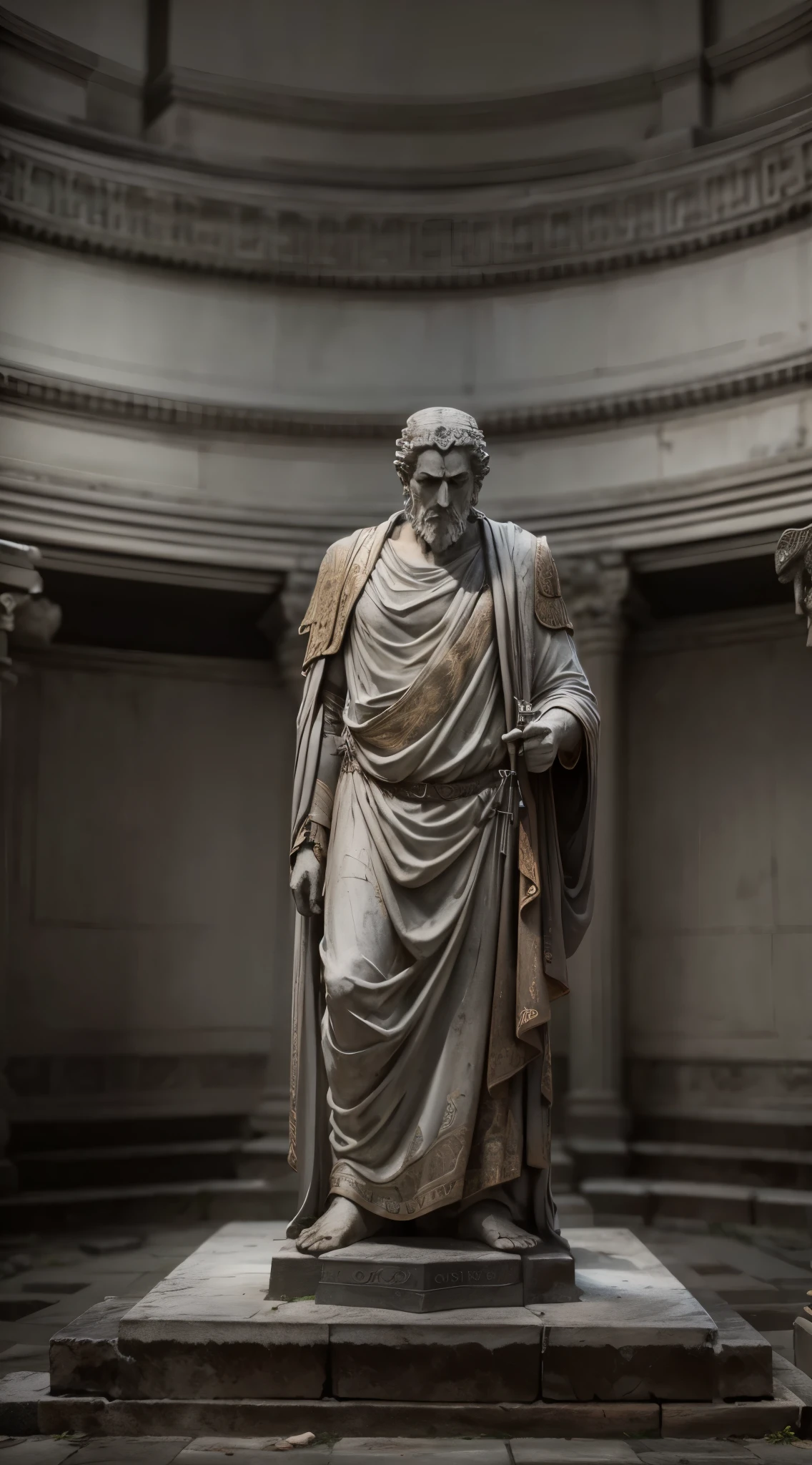 stoic statue, with a furious expression, Wearing a long cloak and coat, nigth, Ancient Greek temple background, 35mm, Laterally, Shot with Sony FE 35mm f using Sony A7S III/1.8, 12.1MP, --with 3:2--Original style