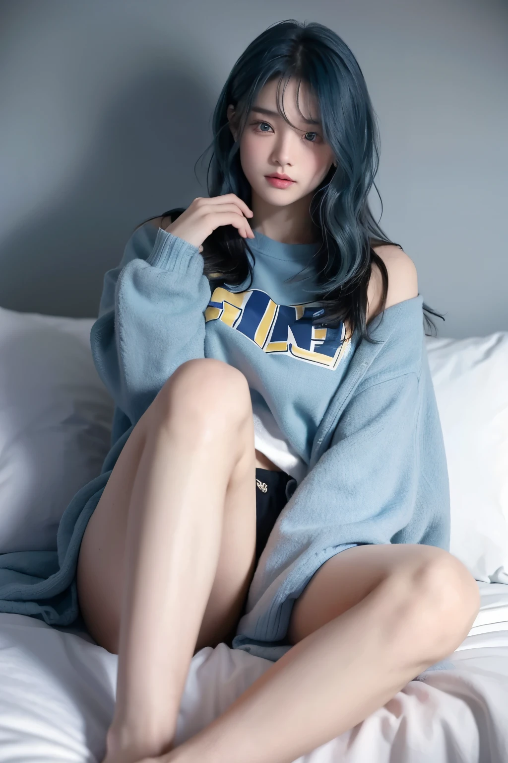 age girl,k hd,8K,,on top of bed,whaite hair,blue color eyes,Messy Ha blushed