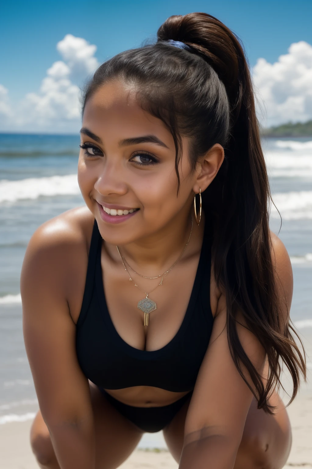 day scene, angle from below, close up photo of 1 latina girl, Puerto rico, light skin black, big cheeks, squatting in a beach, sexy figure, armpits, (blue eyes:1), ponytail, necklace, 23 yo, look at viewer and smile, (cinematic:1.3), intricate details, (ArtStation:1.2)