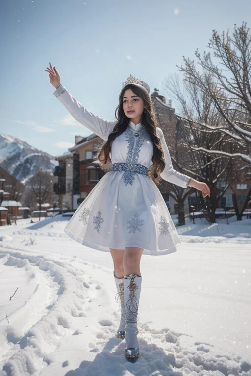 Best texture, high quality, ultra HD, 8K, full body photo, panoramic picture, snow, flying snowflakes, girl looking at the sun, Miao full of silver jewellery, Miao clothes, silver phoenix crown, melon seed face, ultra detailed face, blue eyes, long eyebrows, fair skin, silver long hair, flowing long hair, rising with the wind, snowflake coloured gifts, realistic, very detailed, high detail, ultra clear,