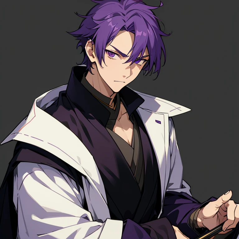 1 boy, purple hair, purple eyes, black noble cloth, calm face, handsome, masculine, male, old boy