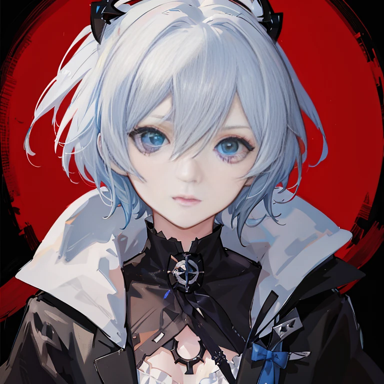 Anime girl with blue eyes and white hair in a black costume, from arknights, Rin, Ayanami, neferpitou, portrait gapmoe yandere grimdark, Hajime Yatate, [[[[gRinning evily]]]], 2b, 2 b, nagito komaeda, mika kurai demon