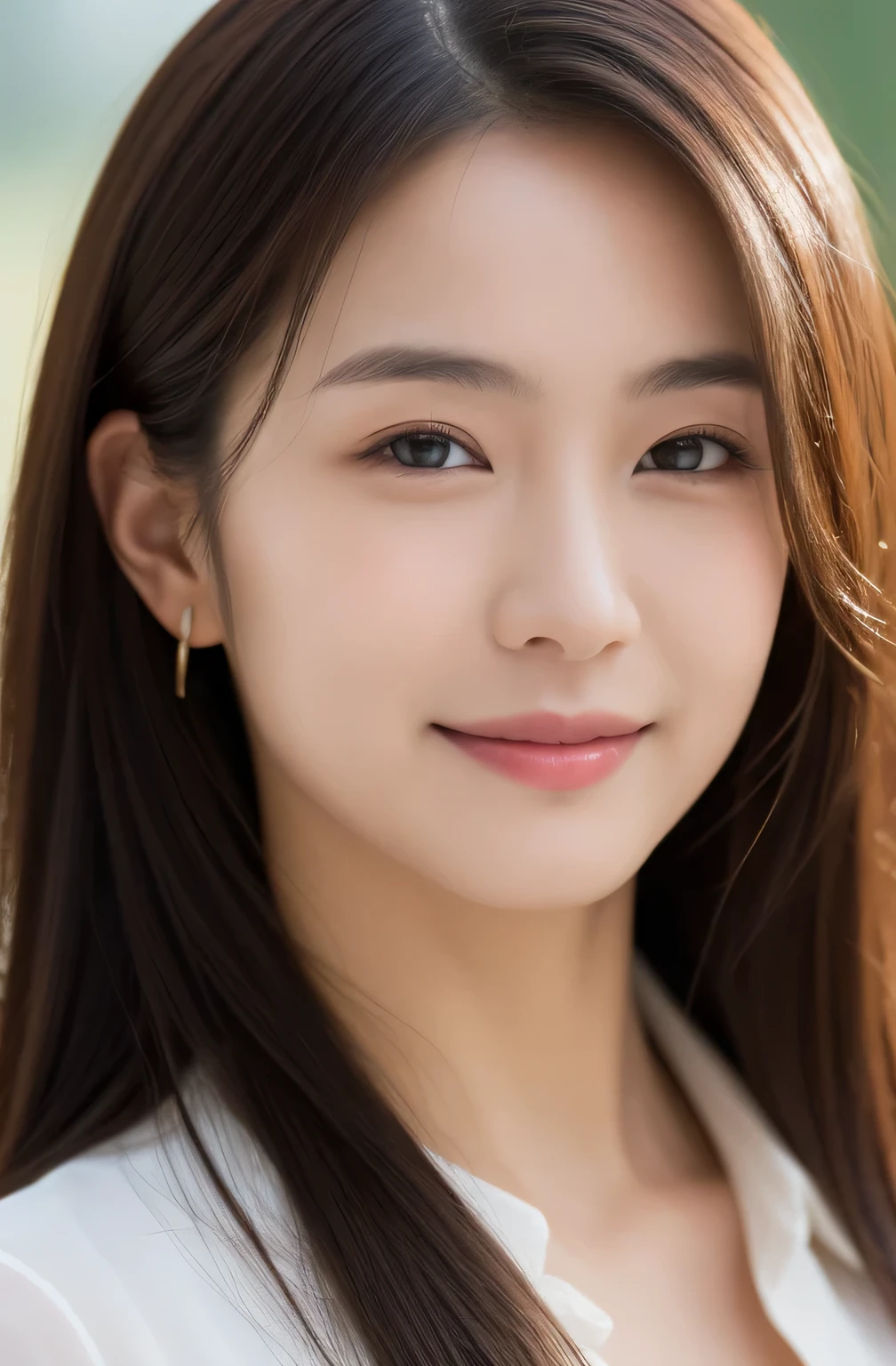 Best quality at best, realistically, ultra - detailed, Detailed pubic hair, A high resolution, 8k wallpaper, Beautiful woman of 35 years old,light brown messy hair, Wear a dark suit, lock focus, Perfect dynamic composition, beautidful eyes, Delicate hair, 细致realistically的皮肤纹理, Smiling, closeup portrait, Model body type