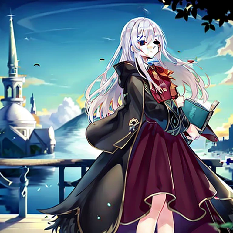Anime girl in a black coat holding an open book in front of the fence, girls' frontline cg, from girls' frontline, girls' frontline style, Fine details. girls' frontline, girls' frontline, Key Anime Art, nagito komaeda, girls' frontline universe, from arknights, detailed Key Anime Art, Official art, best anime 4k konachan wallpaper