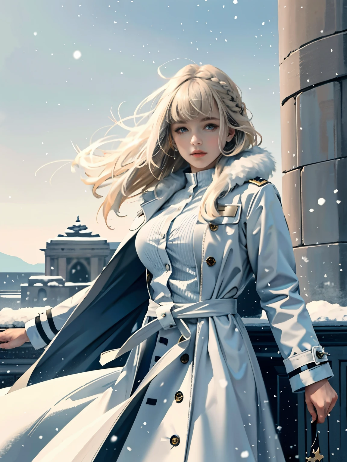 (highest resolution, distinct_image) Best quality, single person, one girl, solo, masterpiece, highly detailed, realistic, long hair, braided white blond hair, bangs, blue military uniform, depth of field, outdoor background, falling snow, ((big breasts)), authoritative, dignified, calm and powerful expression, ambient lighting, exquisite facial features, fur trimmed white coat, open coat, looking at viewer, head to waist, in a terrace of a monumental building, (((front bangs))), dynamic angle, from front
