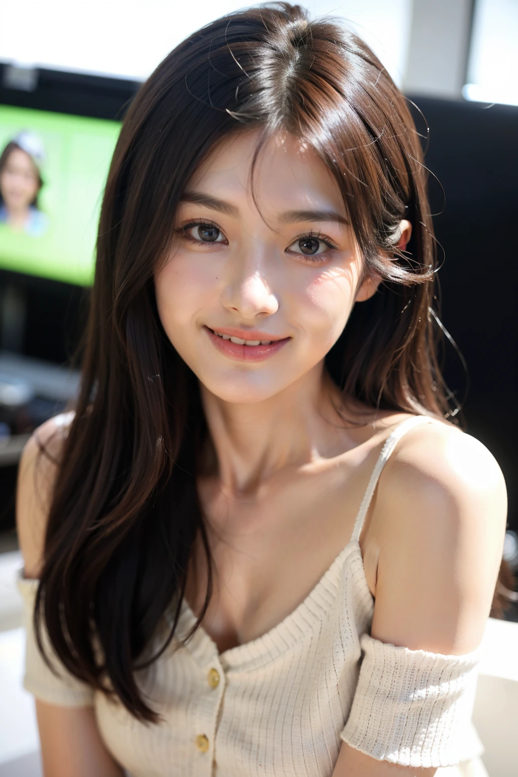 femele、Crisp smile,Look ahead、Front Shooting、Gentle and shy、female announcer