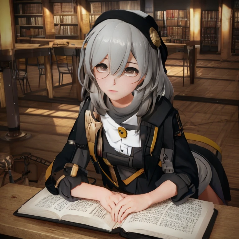 Anime girl in the library with books and hat, alchemist Library Background, librarian, best anime 4k konachan wallpaper, academy headmaster, from girls frontline, dark academia, girls frontline cg, professor clothes, girls frontline style, Official Character Art, from cryptid academia, Library Background, shigenori soejima illustration, library of ruina concept art