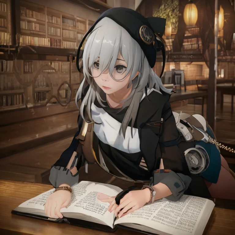 Anime girl in the library with books and hat, alchemist Library Background, librarian, best anime 4k konachan wallpaper, academy headmaster, from girls frontline, dark academia, girls frontline cg, professor clothes, girls frontline style, Official Character Art, from cryptid academia, Library Background, shigenori soejima illustration, library of ruina concept art