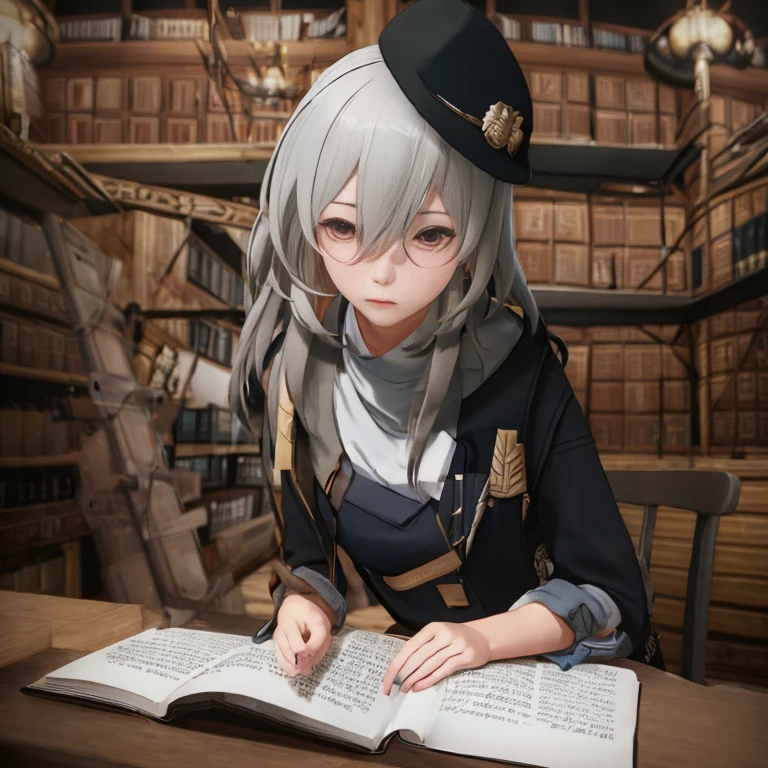 Anime girl in the library with books and hat, alchemist Library Background, librarian, best anime 4k konachan wallpaper, academy headmaster, from girls frontline, dark academia, girls frontline cg, professor clothes, girls frontline style, Official Character Art, from cryptid academia, Library Background, shigenori soejima illustration, library of ruina concept art