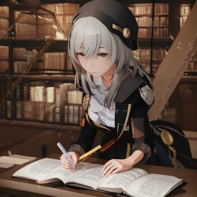 Anime girl in the library with books and hat, alchemist Library Background, librarian, best anime 4k konachan wallpaper, academy headmaster, from girls frontline, dark academia, girls frontline cg, professor clothes, girls frontline style, Official Character Art, from cryptid academia, Library Background, shigenori soejima illustration, library of ruina concept art