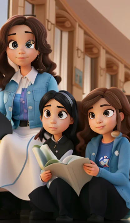 Estilo Pixar, alta qualidade, it's three girls, a menina do meio  tem cabelo preto