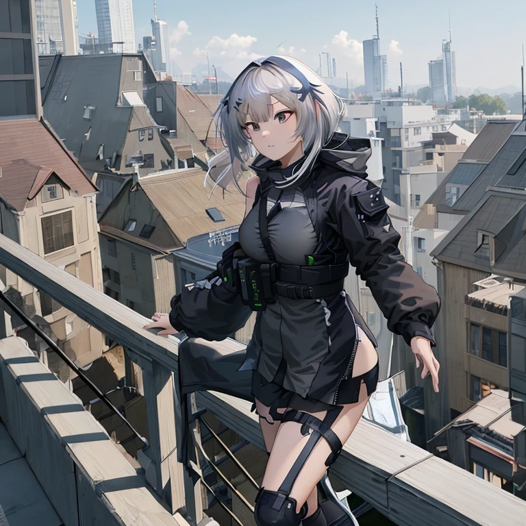 Anime girl with white hair and a black jacket standing on the balcony railing, best anime 4k konachan wallpaper, girls' frontline style, girls' frontline cg, badass anime 8 K, 4k anime wallpaper, from girls' frontline, anime style 4 k, artwork in the style of guweiz, from arknights, Fine details. girls' frontline