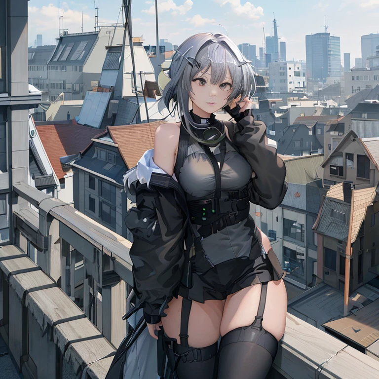 Anime girl with white hair and a black jacket standing on the balcony railing, best anime 4k konachan wallpaper, girls' frontline style, girls' frontline cg, badass anime 8 K, 4k anime wallpaper, from girls' frontline, anime style 4 k, artwork in the style of guweiz, from arknights, Fine details. girls' frontline