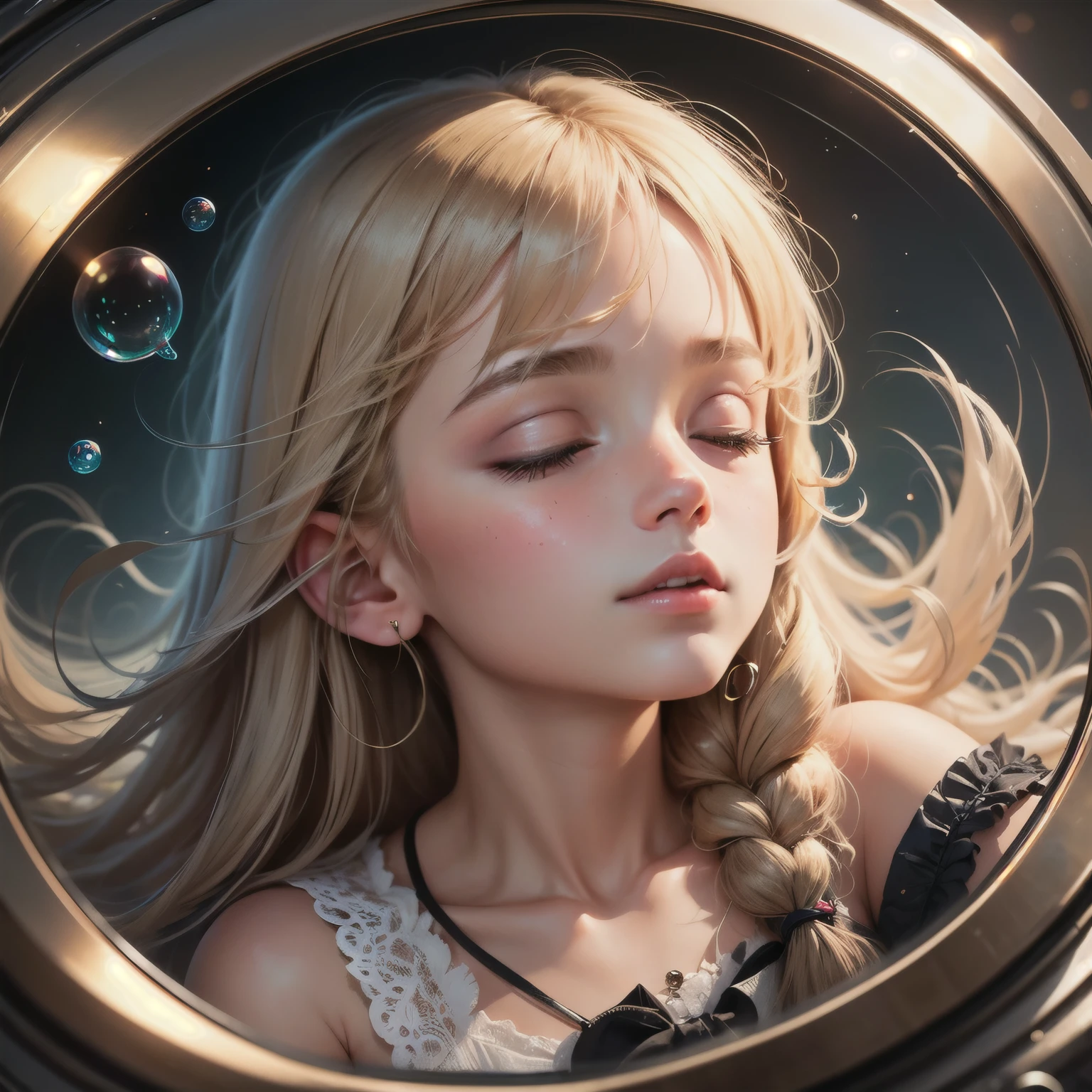 best quality,ultra-detailed,realistic:1.37,portrait,boy sleeping peacefully,beautiful detailed eyes,beautiful detailed lips,dreaming,floating bubble with vague glimpses of dream