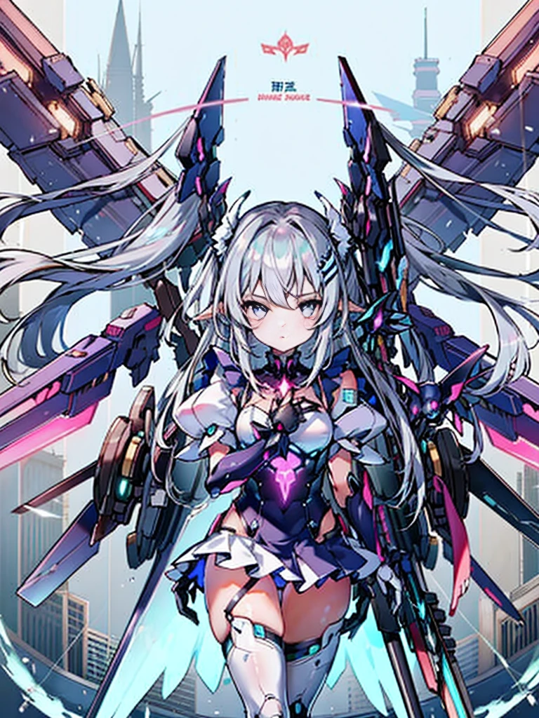 illustratio、((1girl in))、silber hair、length hair、Floating hair、、Cyber City、Neon building、(The upper part of the body:1.05)、extremely_Detailed_Eyes_And_Face,cybernetic wings mechanical wings、Random posture、Skyscraper、、Mechumusume、shrine maiden clothe,maid clothes、Random angles、anime styled,cowboy shot
