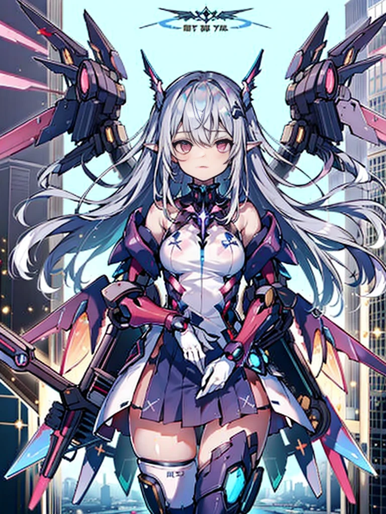 illustratio、((1girl in))、silber hair、length hair、Floating hair、、Cyber City、Neon building、(The upper part of the body:1.05)、extremely_Detailed_Eyes_And_Face,cybernetic wings mechanical wings、Random posture、Skyscraper、、Mechumusume、shrine maiden clothe,maid clothes、Random angles、anime styled,cowboy shot