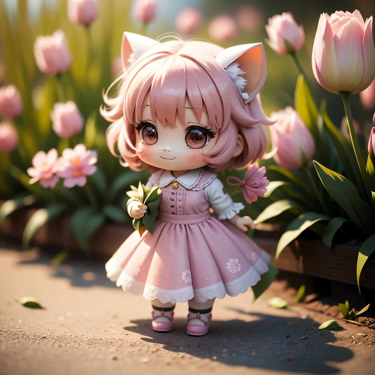 ​masterpiece、top-quality、ultra-detailliert、(Chibi Chara's Daughter:1.3)pink hair swaying in the wind,pink paper flower dress,detail portrayal,pink tulip corolla,Simple pink background,a smile,Full-body standing figure,Lucky day,Vibrant colors,dim lighting