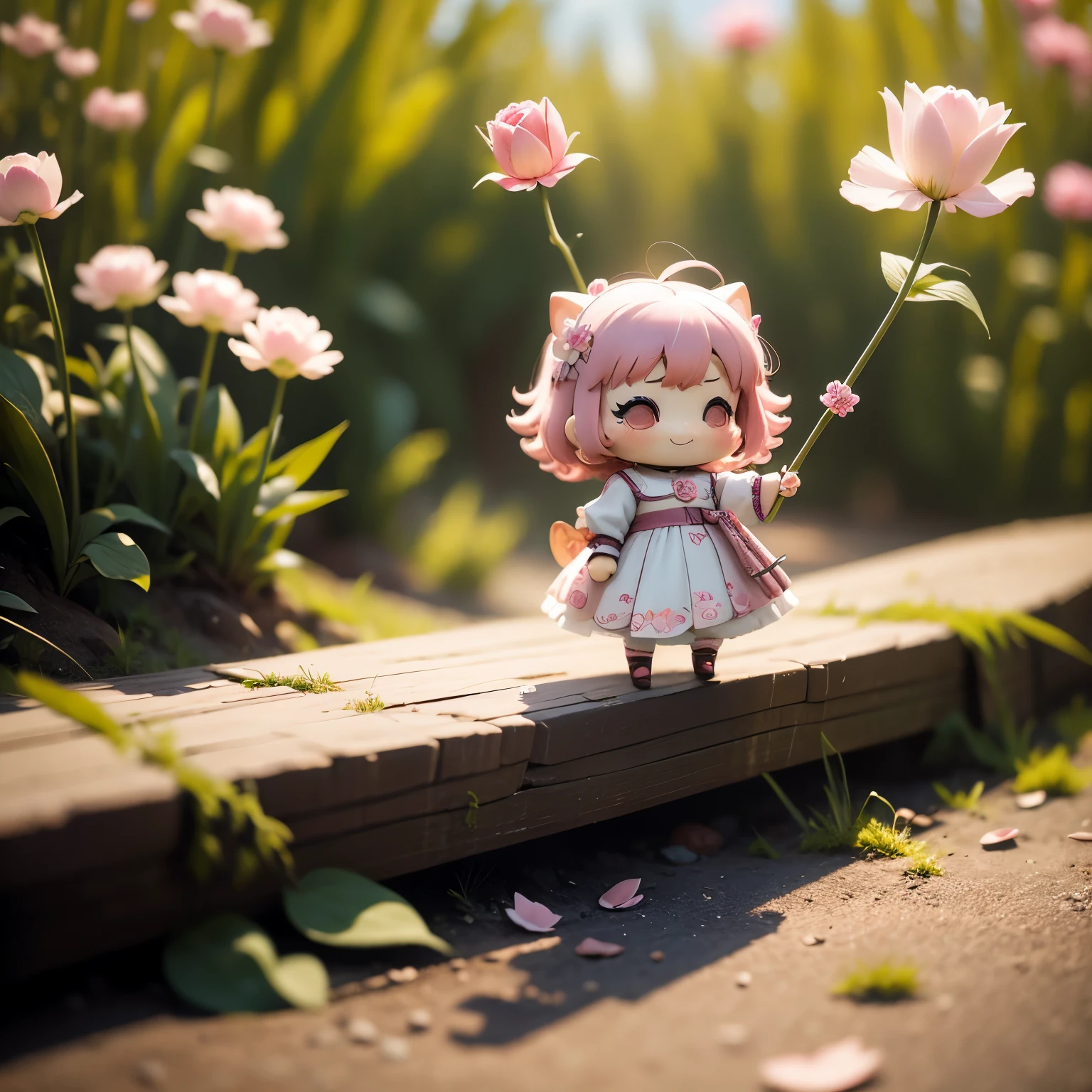 masterpiece、top-quality、ultra-detailliert、(Chibi Chara's Daughter:1.3)pink hair swaying in the wind,pink paper flower dress,detail portrayal,pink tulip corolla,Simple pink background,a smile,Full-body standing figure,Lucky day,Vibrant colors,dim lighting
