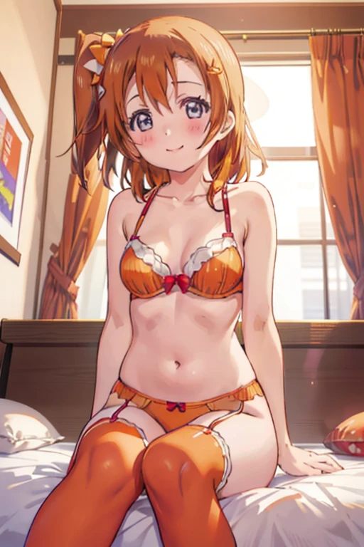 (((pixel perfect, Detail Perfect))), Solo, 1girl in, Kousaka Honoka, Looking at Viewer, ssmile，blush, Show erotic face viewer, From below, Focus, Beyond the particles of light, Love hotel bedroom, red orange bra，red orange garter belt，red orange underwear，red orange tights，medium chest，straddle