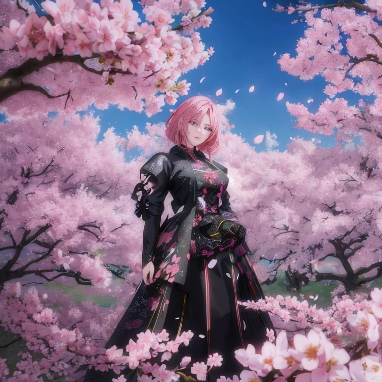 Anime-style image of a woman in a black dress standing in a field of pink flowers, Sakura season dynamic lighting, Sakura petals around her, beautiful fantasy anime, Sakura season, Sakura kinomoto, anime fantasy illustration, 2. 5 d cgi anime fantasy artwork, anime fantasy artwork, the non-binary deity of spring, haruno Sakura, Sakura