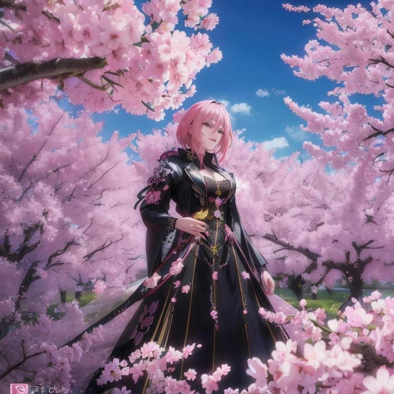 Anime-style image of a woman in a black dress standing in a field of pink flowers, Sakura season dynamic lighting, Sakura petals around her, beautiful fantasy anime, Sakura season, Sakura kinomoto, anime fantasy illustration, 2. 5 d cgi anime fantasy artwork, anime fantasy artwork, the non-binary deity of spring, haruno Sakura, Sakura