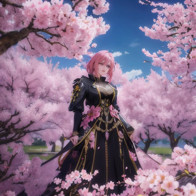 Anime-style image of a woman in a black dress standing in a field of pink flowers, Sakura season dynamic lighting, Sakura petals around her, beautiful fantasy anime, Sakura season, Sakura kinomoto, anime fantasy illustration, 2. 5 d cgi anime fantasy artwork, anime fantasy artwork, the non-binary deity of spring, haruno Sakura, Sakura
