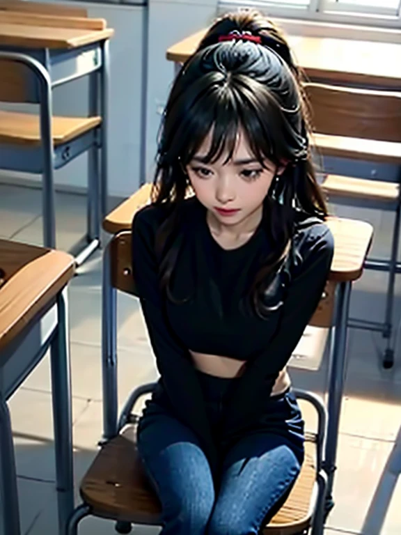 Best quality, Masterpiece, 超高分辨率, Photorealistic, The class was full of -yeld juschool girlully hoto,Close-up of the crotch,Mushroom hairstyle,Black hair refracted by light,exquisite and beautiful face,Manifestations of urgency to urination,Busty girl,Blue collar white tights,The E cup sticks out tightly(),Vacuum-loaded,((Light blue yoga pants)),Cystocele,The shape is visible,slightly thicker thighs,Legs crossed tightly,(((The school forced all girls to hold their urine for 2400 ml for 24 hours))),Sit obediently in a chair in the classroom